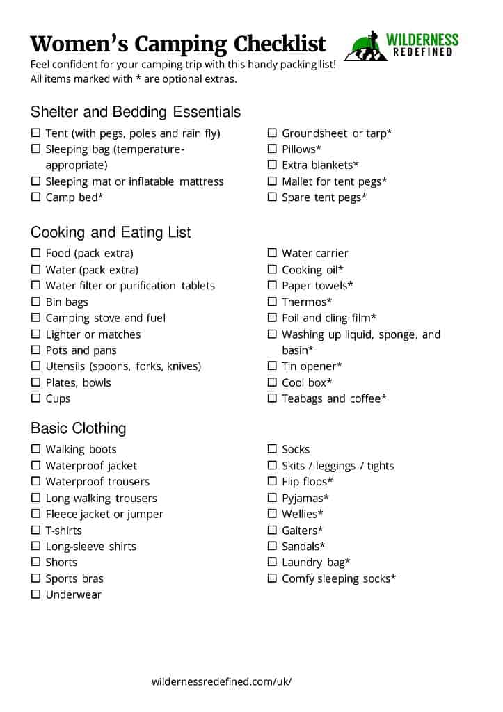 Camping essentials for women checklist page 1
