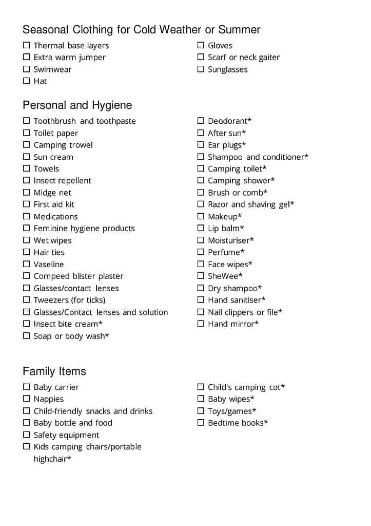 Camping Essentials for Women Checklist Page 2