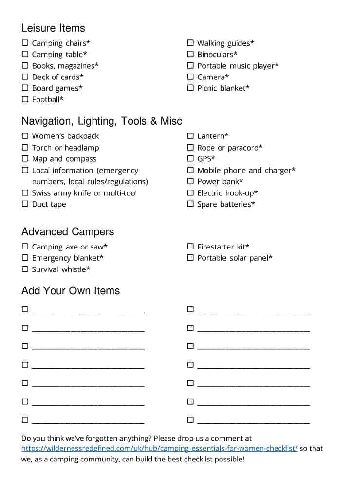 Camping Essentials for Women Checklist Page 3