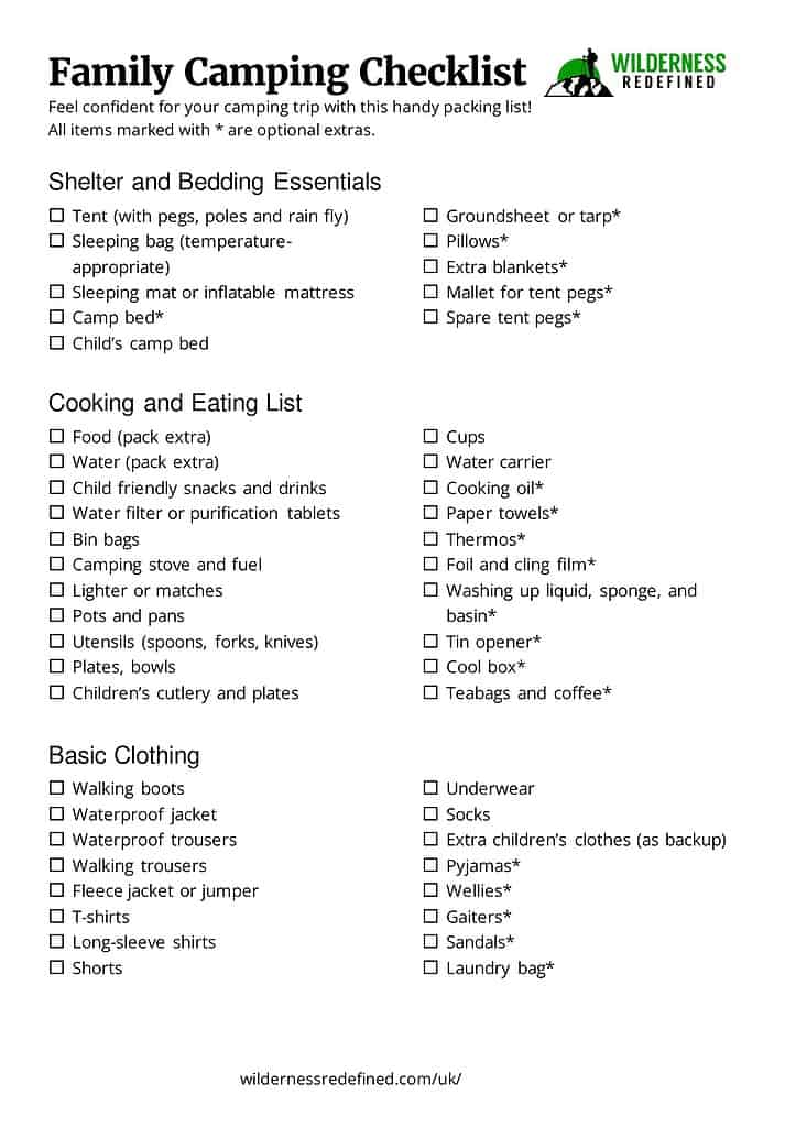 Family camping essentials checklist page 1