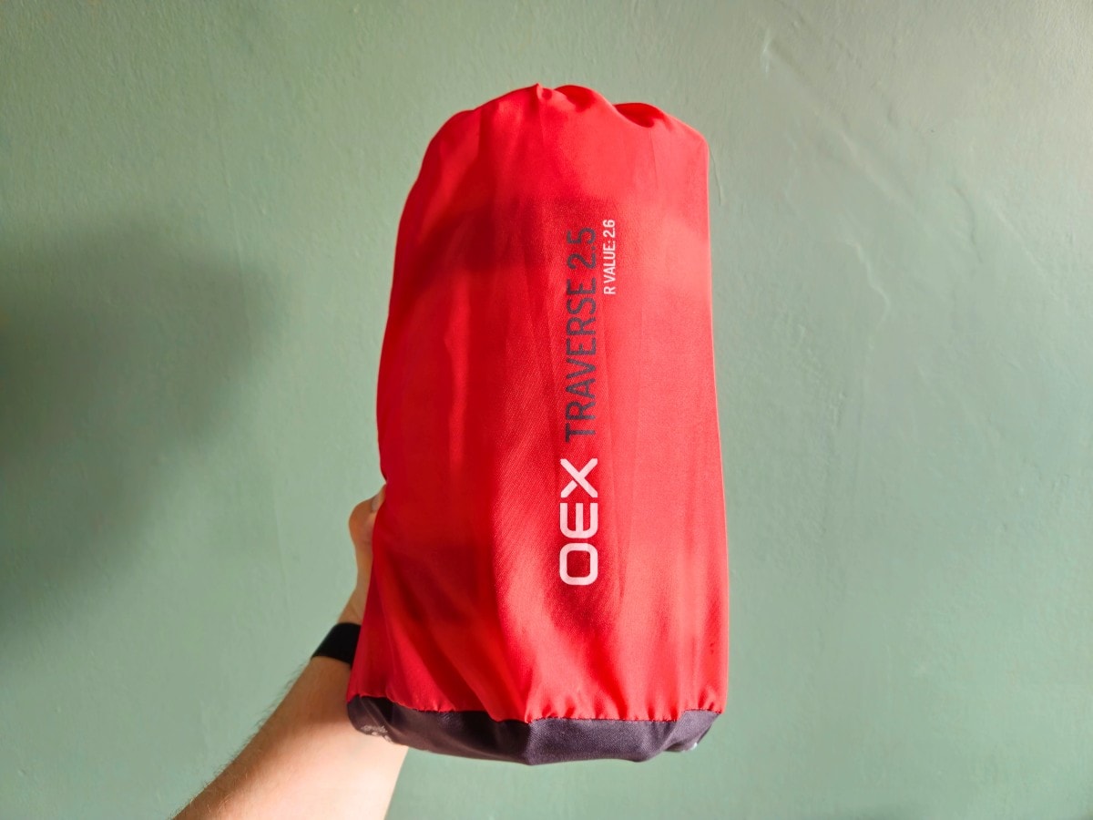 The oex traverse 2. 5 sleeping mat rolled up in its stuff sack comes in at a relatively small packed size.