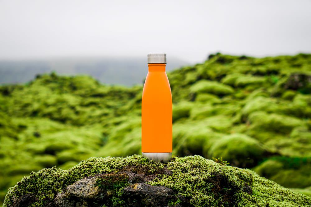 A reusable water bottle sat on top a mossy rock