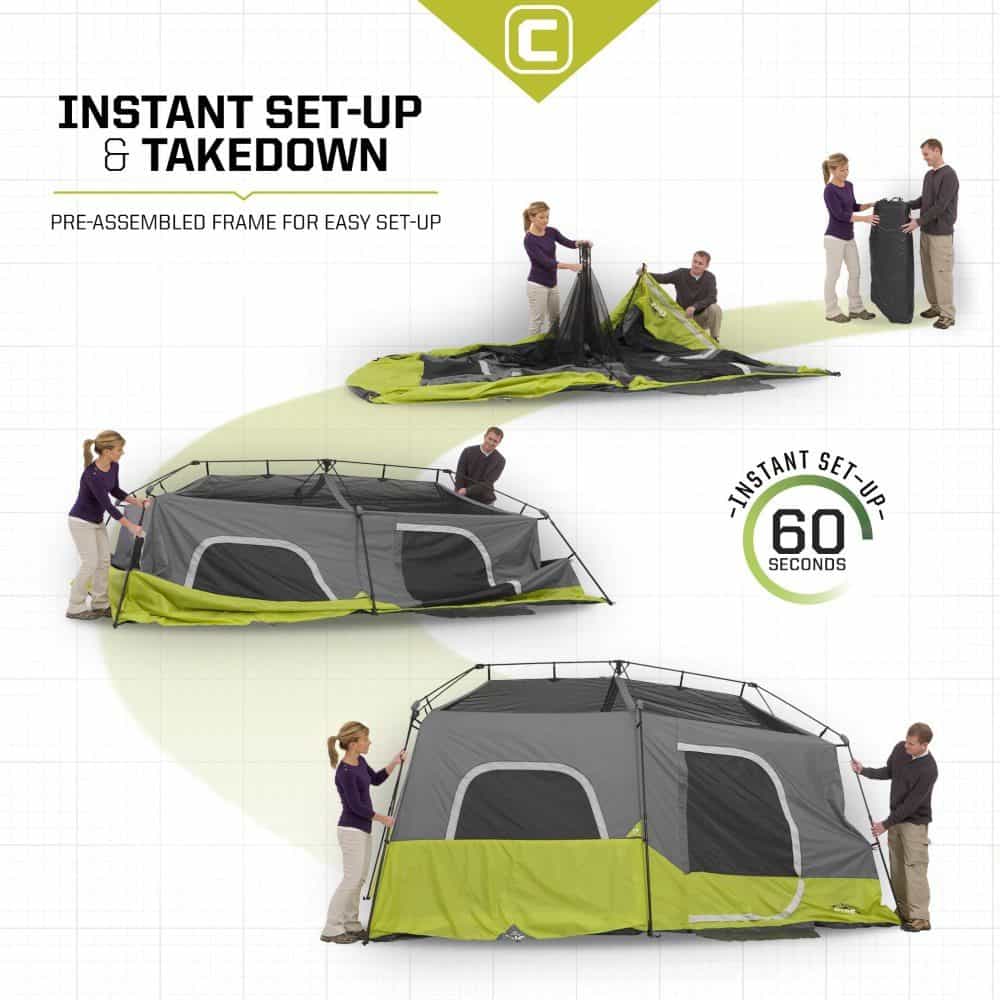 The Core 9 Person Instant Cabin Tent is very easy for families to setup by extending the tent poles.