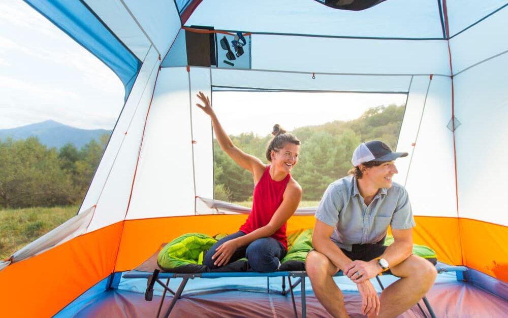 The Eureka Copper Canyon cabin tent has large mesh windows for a gentle breeze through the tent