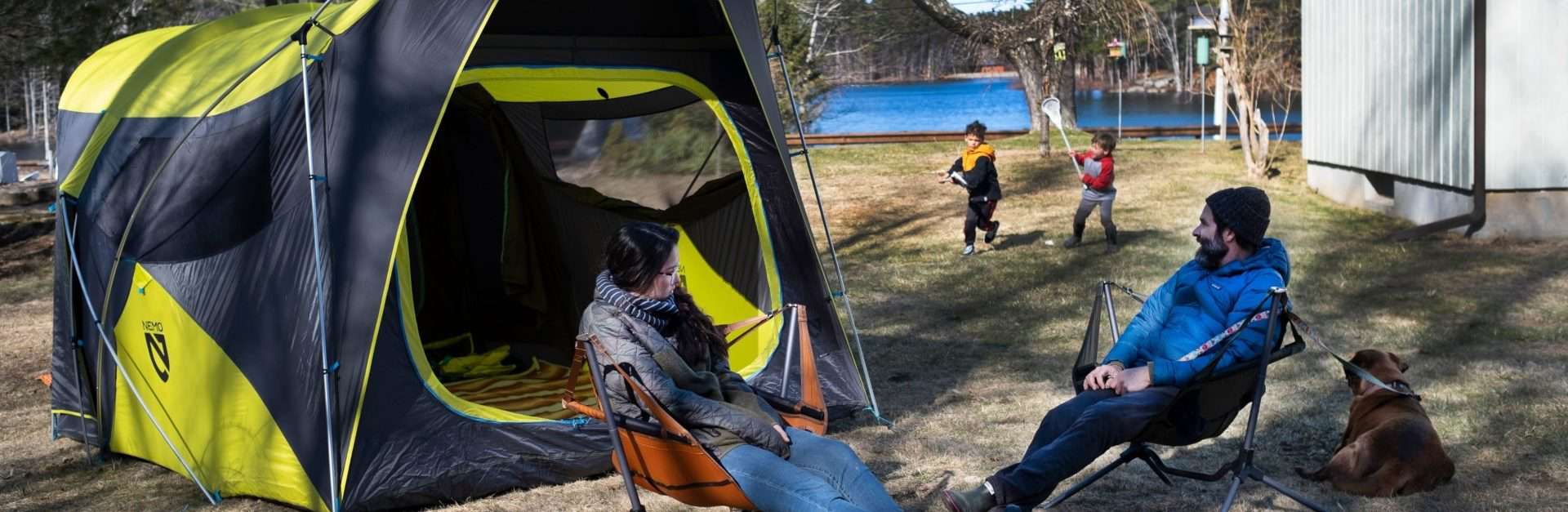 The Nemo Wagontop is the best family tent. The image shows kids playing outdoors on a family camping trip.