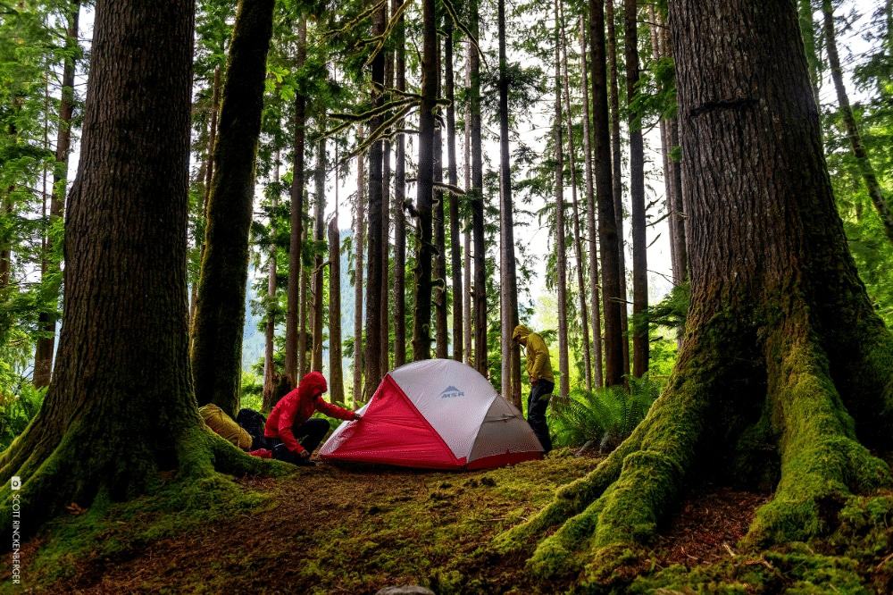 The MSR Hubba Hubba 2 person tent being tested out camping in a forest