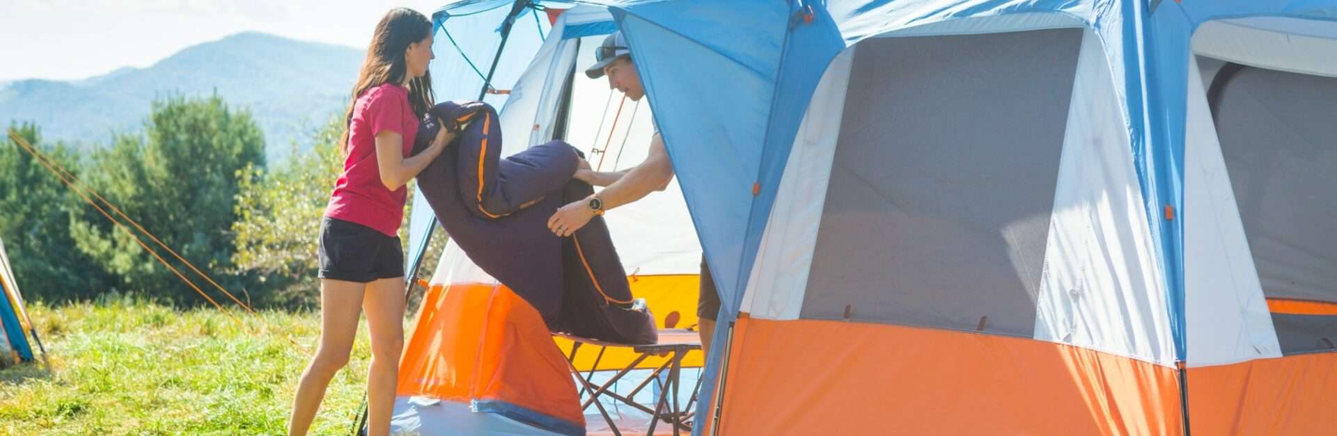 Lifting a sleeping bag out of a Eureka Copper Canyon LX cabin tent