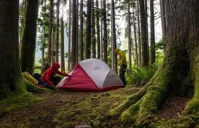 The MSR Hubba Hubba 2 person tent being tested out camping in a forest