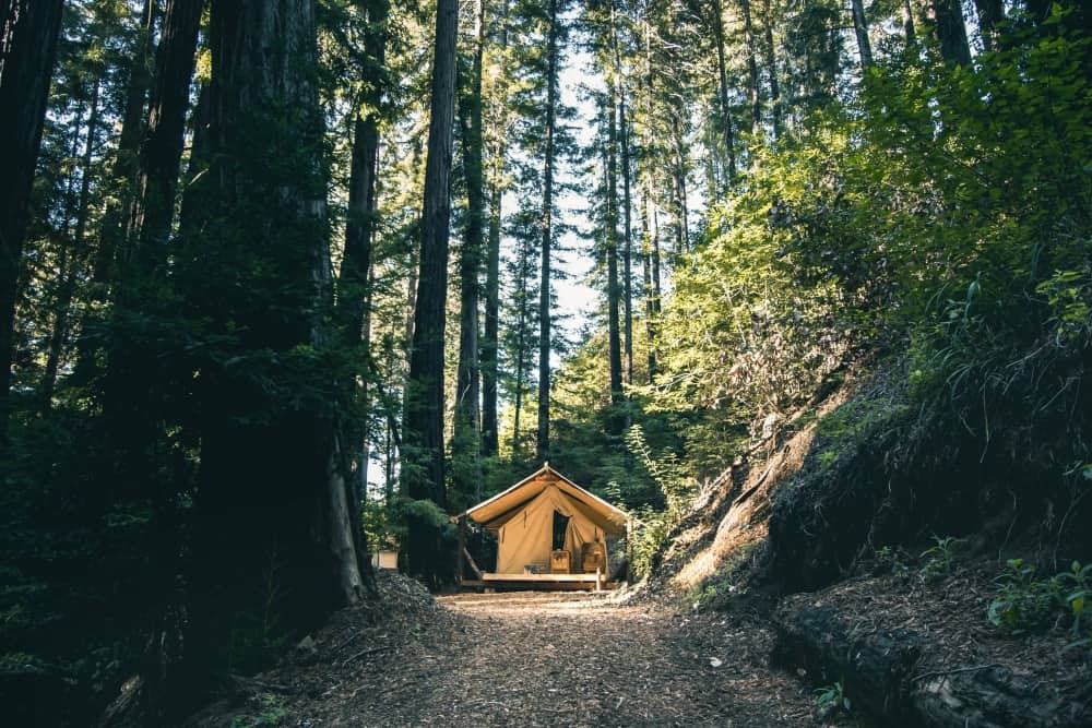 A romantic glamping tent set up in the forest ready for all your romantic camping activities