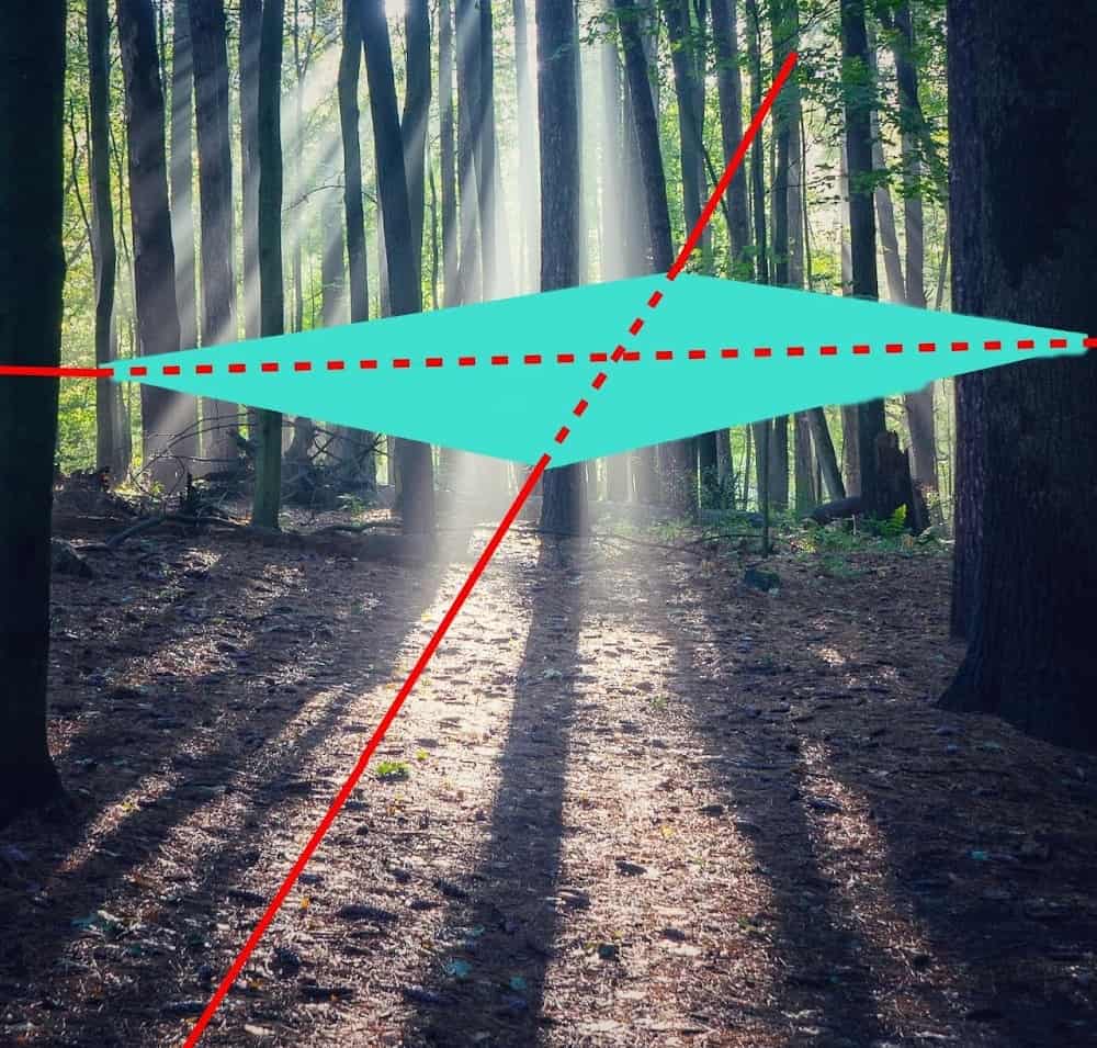 A basic fly-line tarp structure on a forest background.