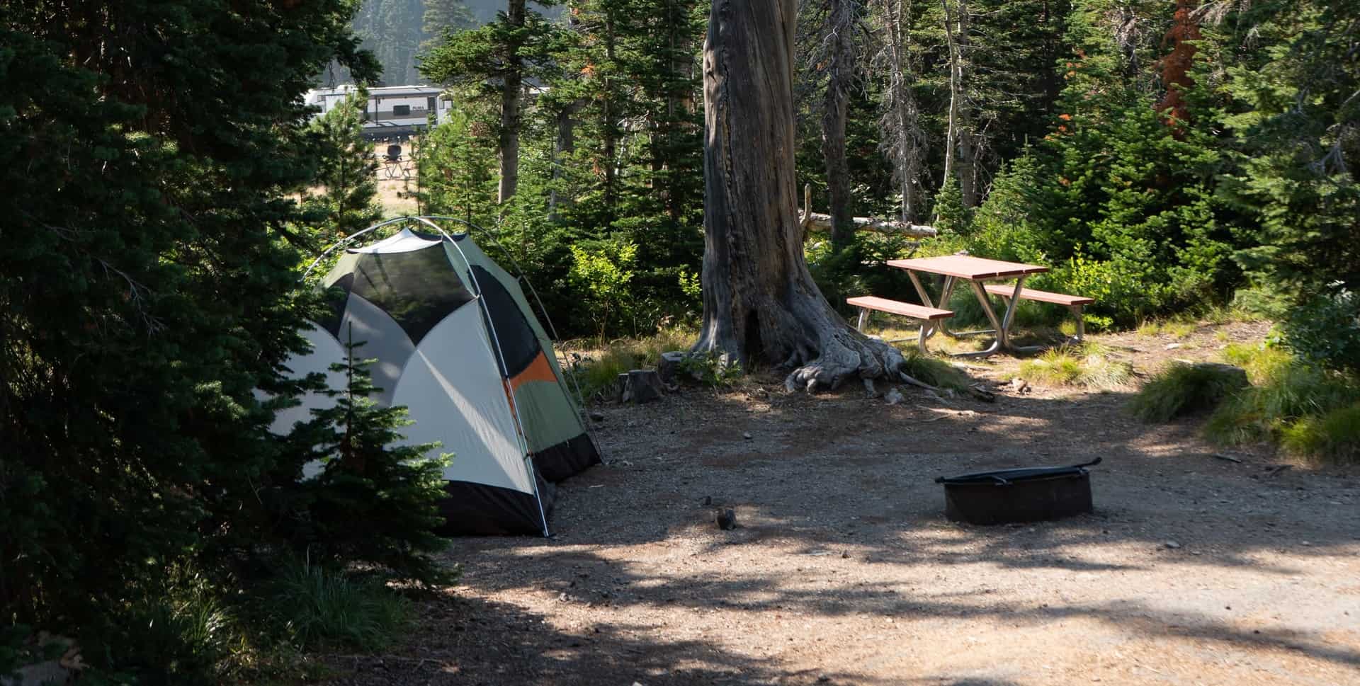 Tent in a camping area next to a picnic table at a campsite.