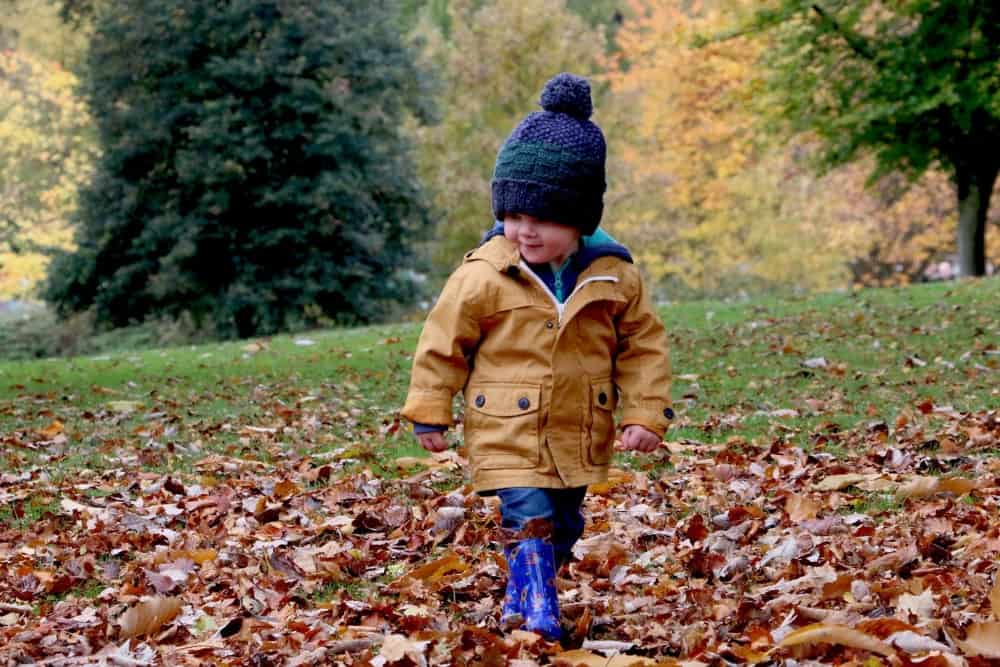 Toddler dressed in a raincoat, boots, and a hat walking in leaves outdoors.