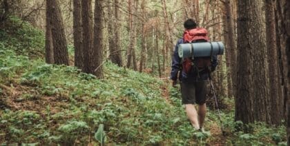 A backpacker Thru Hiking Through a Forest Trail