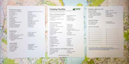 A printed PDF of a camping checklist which includes essential items to pack for a camping trip.