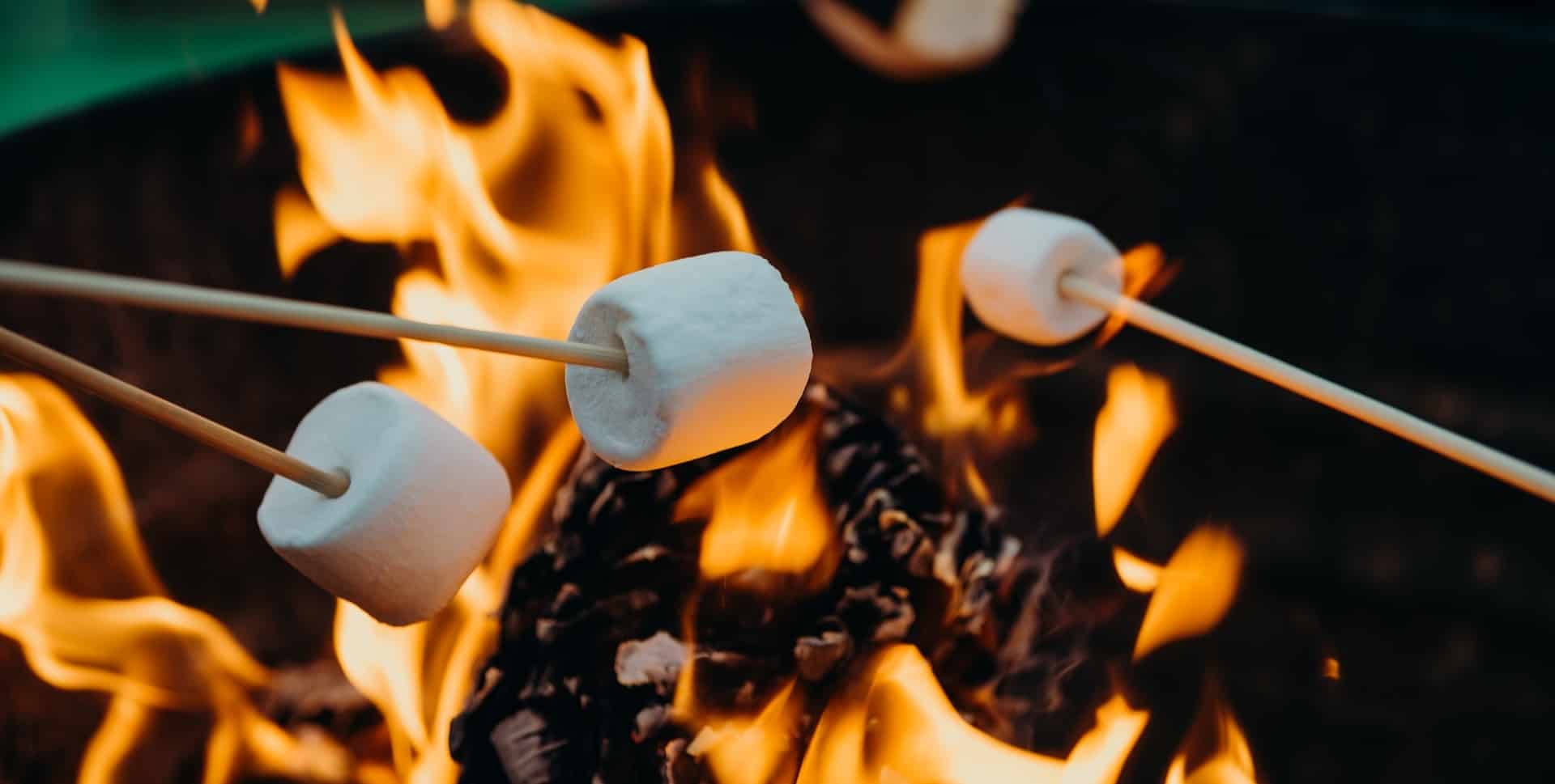 Three smores about to be cooked on sticks over a campfire.