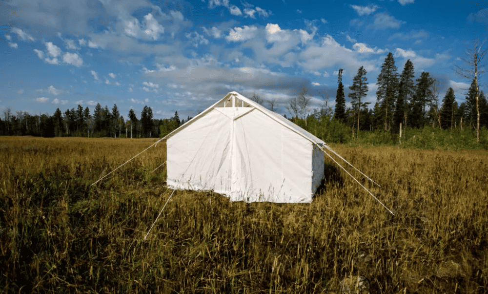A Wall tent set up in a meadow in the late afternoon.