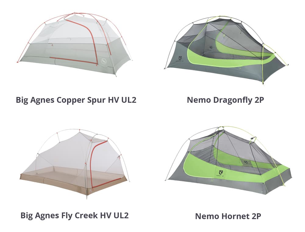 A comparison of the shape of the Big Agnes Copper Spur HV UL2 tent, the NEMO Dragonfly 2 Person Tent, the NEMO Hornet 2 Person Tent and the Big Agnes Fly Creek HV UL2 tent.
