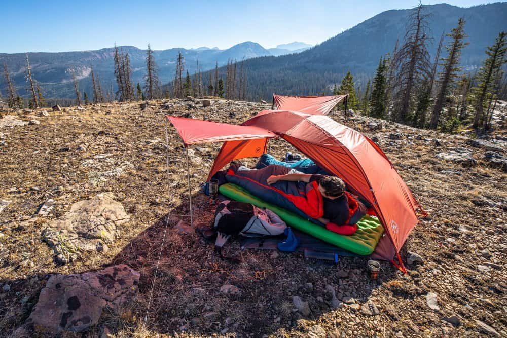 Big Agnes Copper Spur HV UL3 Tent backpacking on a mountain.