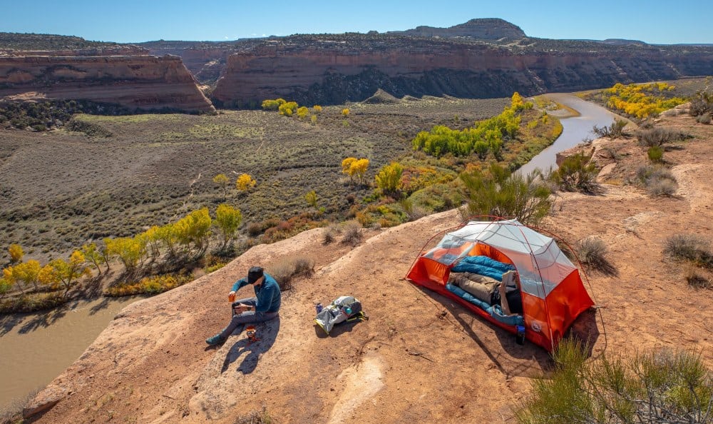 Big Agnes Copper Spur Hv UL2 set up for camping beside the Grand Canyon