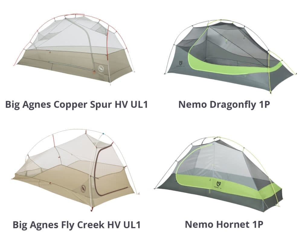A comparison of the shape of the Big Agnes Copper Spur HV UL1 tent, the NEMO Dragonfly 1 Tent, the NEMO Hornet 1 Person Tent and the Big Agnes Fly Creek HV UL1 tent.