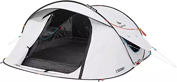 The Quechua Pop Up camping tent is the second best tent for hot weather and comes with a blackout feature