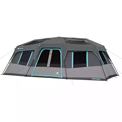 The Ozark Trail Dark Rest Instant Cabin 12 Person Tent is a huge cabin tent with multiple rooms for big groups
