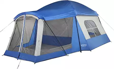 The Wenzel Klondike 8 Person Tent has a mesh screen room which provides shade from the sun during the day, and keeps you cool on a hot night