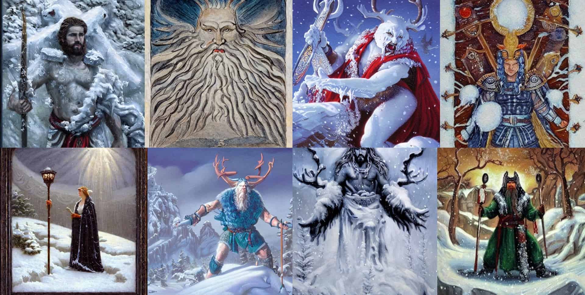Paintings of snow gods and goddesses from Greek, Norse and other mythology