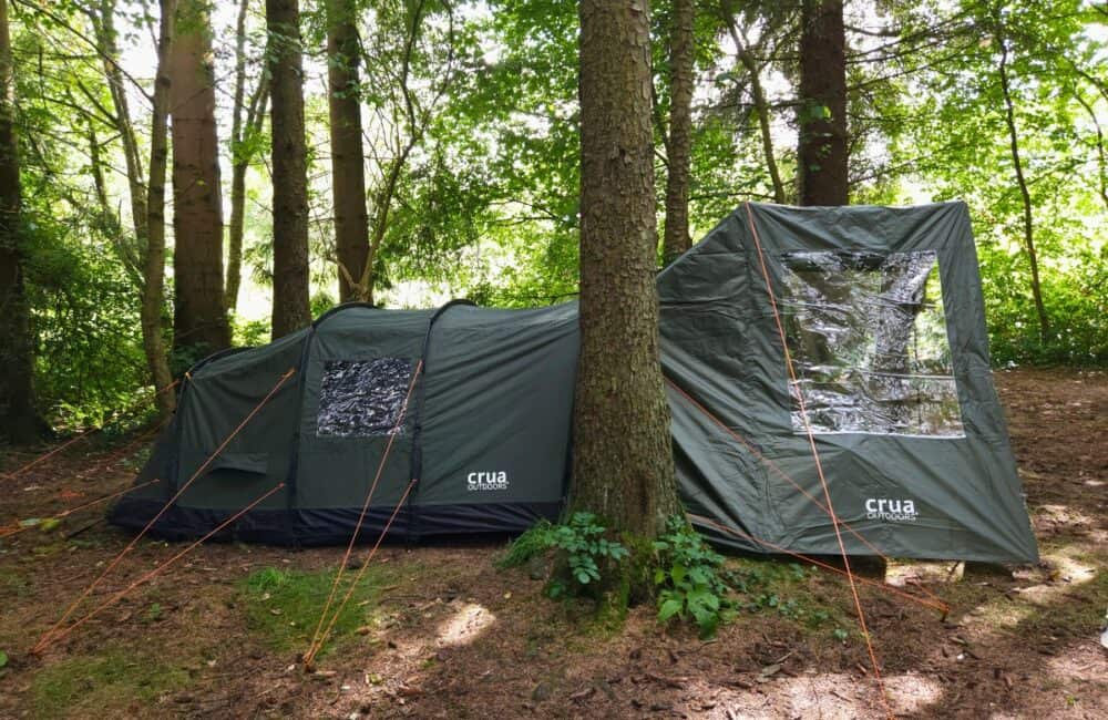 The Crua Tri tent with the porch extension from a side on angle.