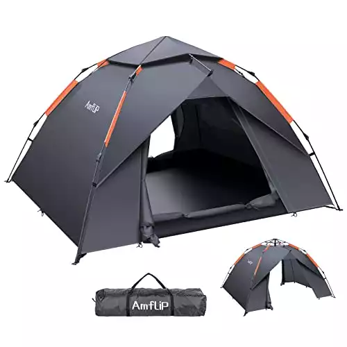 Amflip Camping Tent Automatic 2-3 Man Person Instant Tent Pop Up Ultralight Dome Tent 4 Seasons Waterproof & Windproof Camping Tent with Removable Outer Tarpaulin, Double Layers (Grey)