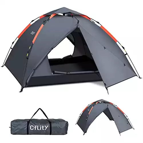 Cflity Camping Tent, 3 Person Instant Pop Up Tent Waterproof Three Layer Automatic Dome Tent, Large Lightweight 4 Seasons Tent, Backpacking Tent with Removable Rain-Fly 2 Extensible Porch for Camping