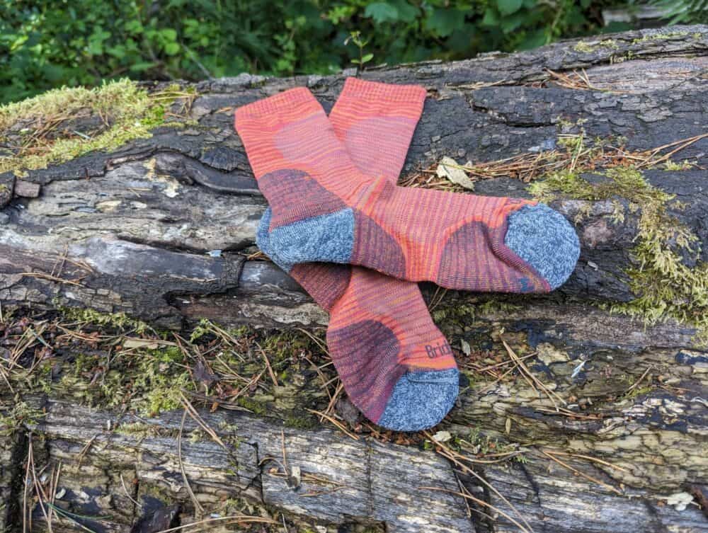 Bridgedale hiking socks sitting on a tree stump outdoors.
