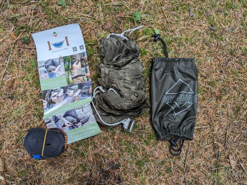 The contents of the Onewind Whirlwind hammock carry bag