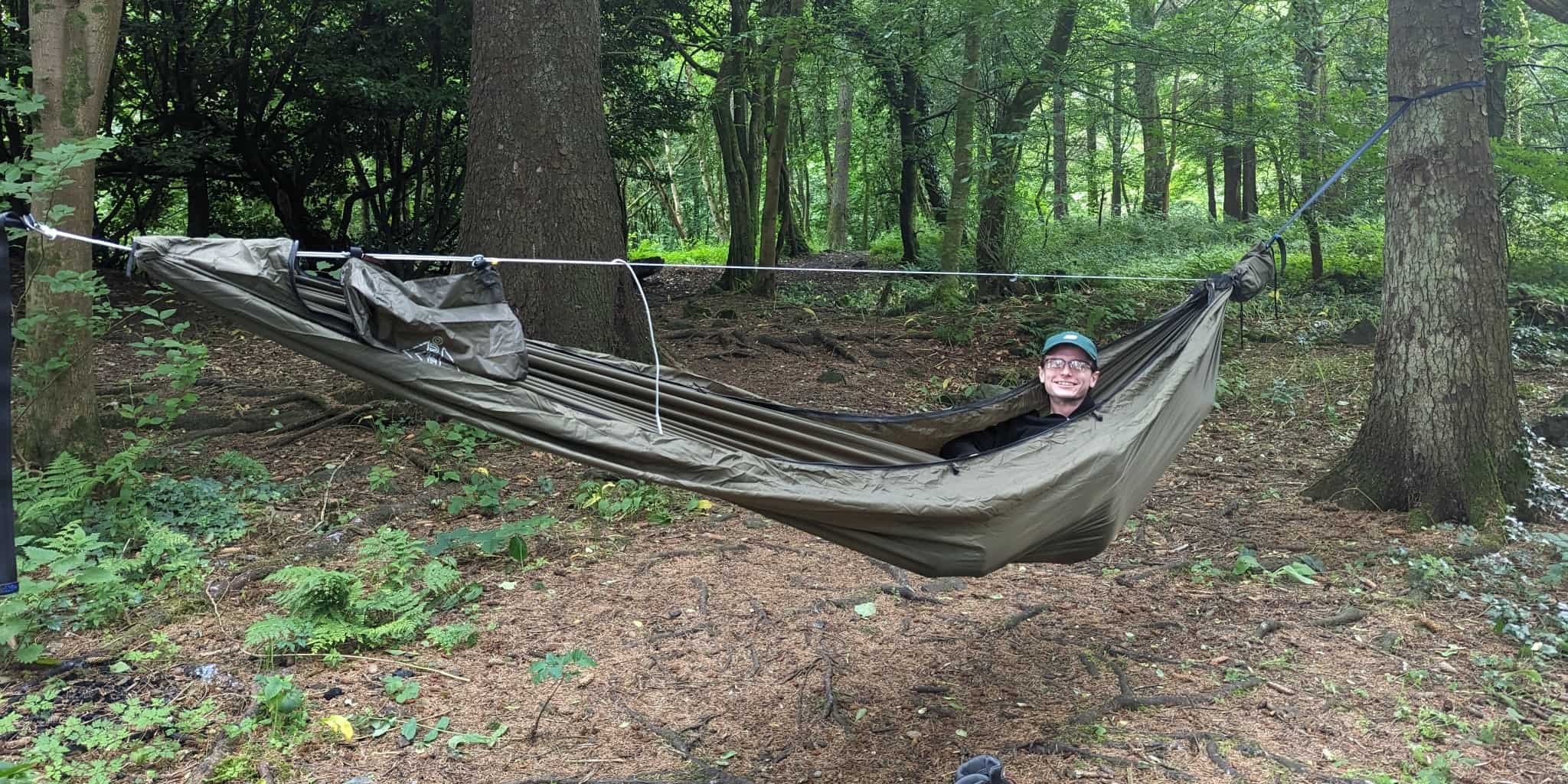 Fraser testing out the Onewind Tempest 12' camping hammock for our review